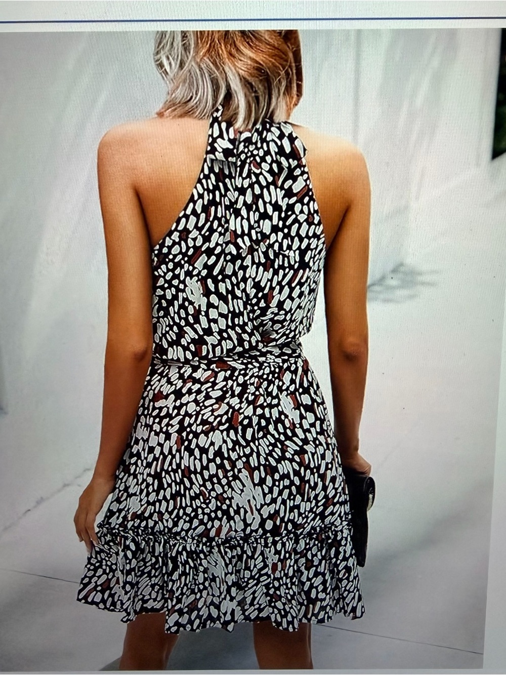 Sleeveless Halter Print Mini Dress in Black, White,  & Brown - Picture 3 of 6